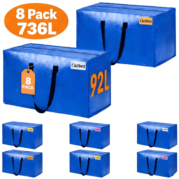 Glovv 8 Pack Extra Large Moving Bags, Heavy Duty Storage Bags with Zippers, 92L Packing Supplies, Blue Moving Boxes for Clothes, Blankets, Bedding,Teens, Adults