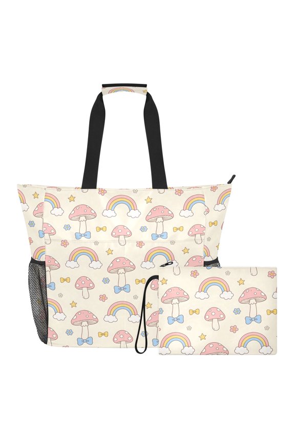 Extra Large Mushroom Rainbow Beach Bag for Women Waterproof Tote with Zipper Pockets