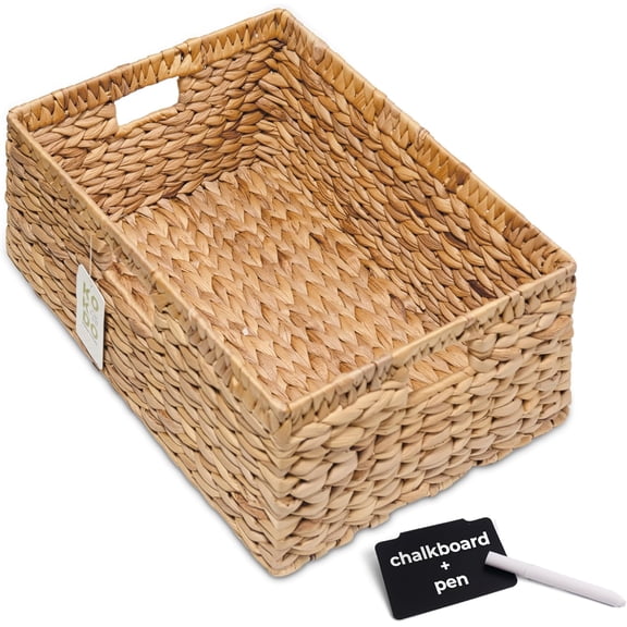 Extra Large Natural Water Hyacinth Rectangular Storage Basket with Chalkboard Panel and Woven Handles