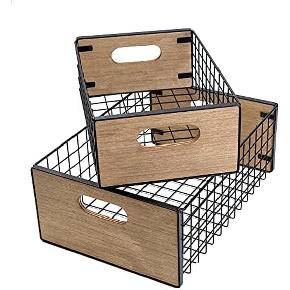 Extra Large ] Nesting Countertop Baskets, Metal Wire Storage Basket with Wooden Handles, Storage Organizer Bin for Kitchen Cabinets, Bathroom, Pantry, Garage, Laundry Room, Set of 2