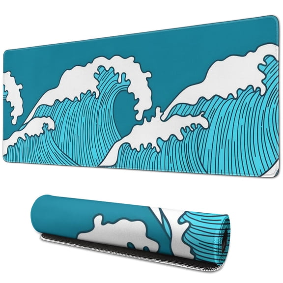 "Extra Large Non-Slip Gaming Mouse Pad - Japanese Blue & White Wave Design, Stitched Edges"