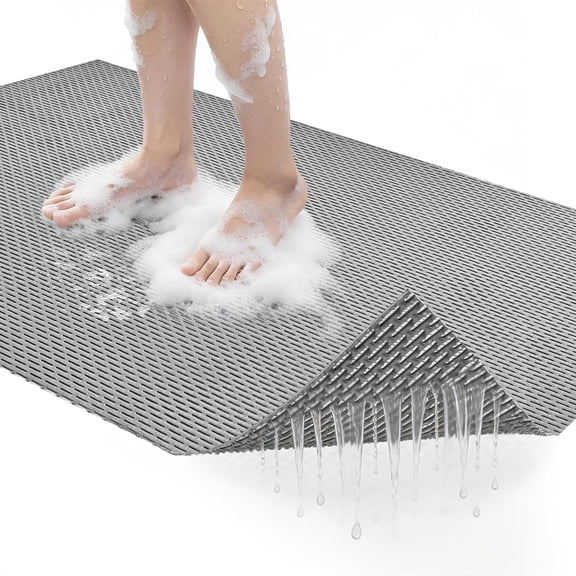 Extra Large Non-Slip Shower Mat, 58.26" x 31.49" Bathroom Shower Mat, Fast-Dry Drainage Hole PVC Bath Tub Mat, Anti Slip Bathroom Safety Accessory for Elderly/Kids, Gray