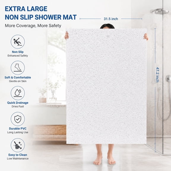 Extra Large Non Slip Shower Mat 59 x 34.5 Inch with Drain Hole - Soft PVC Quick Dry Loofah Bath Mat for Walk-in Shower and Bathroom