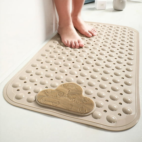 Extra Large Non Slip Shower Mat with Foot Scrubber Brush,Strong Suction Cups Foot Massager Cleaner Bath Mat with Drain Holes Soft TPE Machine Washable Safety Bathtub Mats Pads