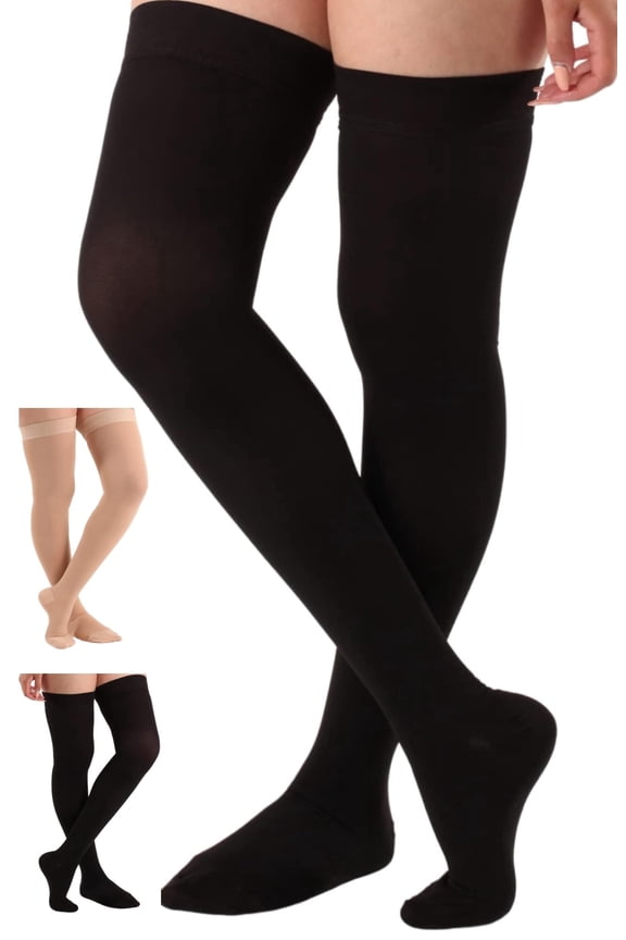 Anti-Fatigue Compression Socks, Thigh-High, Casual, 20-30 mmHg, Black, 5XL