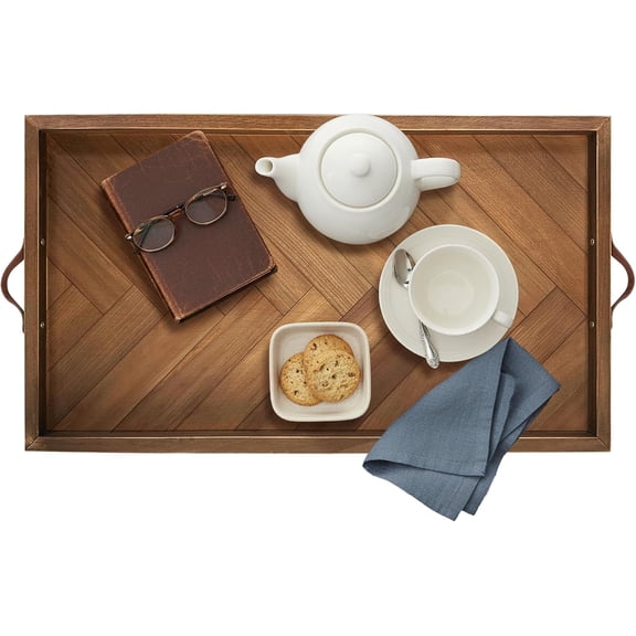 Extra Large Ottoman Tray Rectangle, 32"x18" Wooden Ottoman Trays with Leather Handles, Rustic Decorative Storage Tray for Ottoman