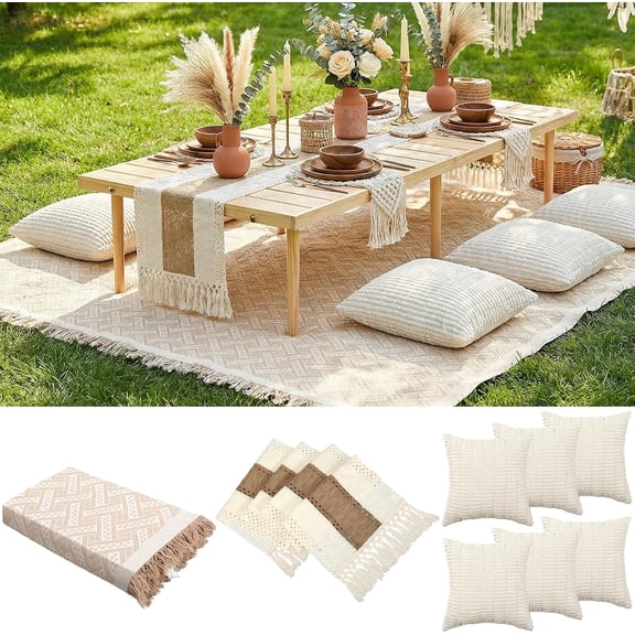 Extra Large Outdoor Boho Picnic Blanket 91'' x 71'' Beige White Table Runner 6 Throw Pillow Cover Woven Cotton Yarn Oversize Beach Blanket Washable for Picnic Camp Wedding