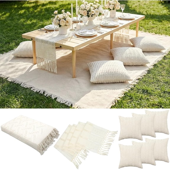 Extra Large Outdoor Boho Picnic Blanket 91'' x 71'' White Table Runner 6 Throw Pillow Cover Woven Cotton Yarn Oversize Beach Blanket Washable for Picnic Camp Wedding