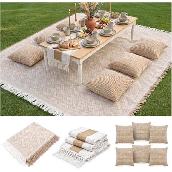 Extra Large Outdoor Boho Picnic Blanket with Low Table Runner and 6 Throw Pillows Covers Set for Beach Essentials Beach Accessories Garden Party Decoration Patio Park Lawn Grass Ground Festival M
