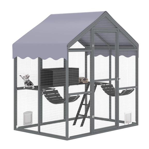 Extra Large Outdoor Catio Enclosure - Walk-In Cat Run with Platforms & Side Door, All-Weather UV-Proof Cover, for Multiple Cats - Gray - 2 Cat Houses