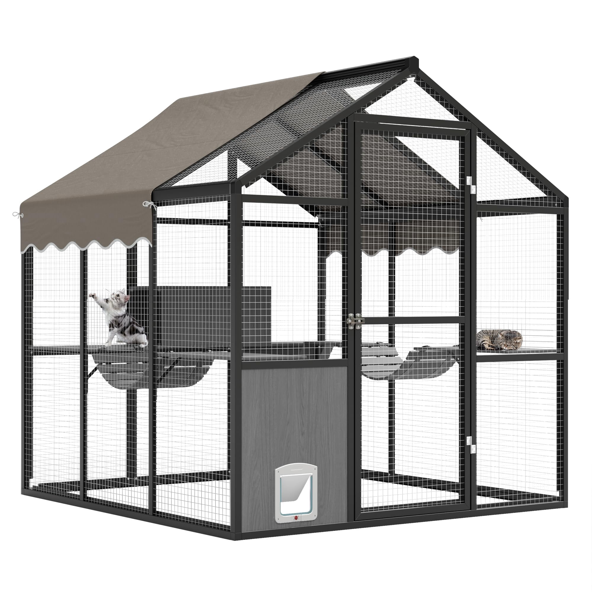 Extra Large Outdoor Catio Enclosure, Weatherproof UV-Proof Roof, Walk-in Cat Cage with Channels, Side Door, Platform & Huge Condo for Multiple Cats