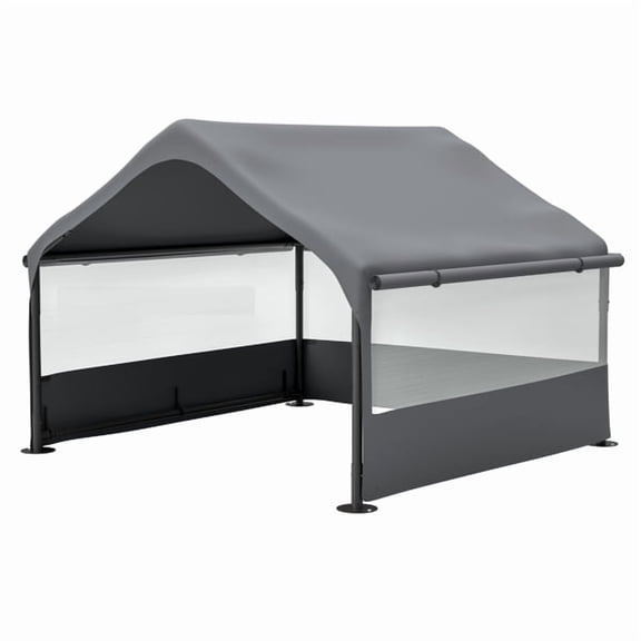 Extra Large Outdoor Dog House Tent with 3-Sided Mesh Windows, Breathable Sun Rain Cover Pet Shelter with Canopy and Ground Stakes for Dogs, Cats, Livestock 4' x 4' x 3.3', Gray