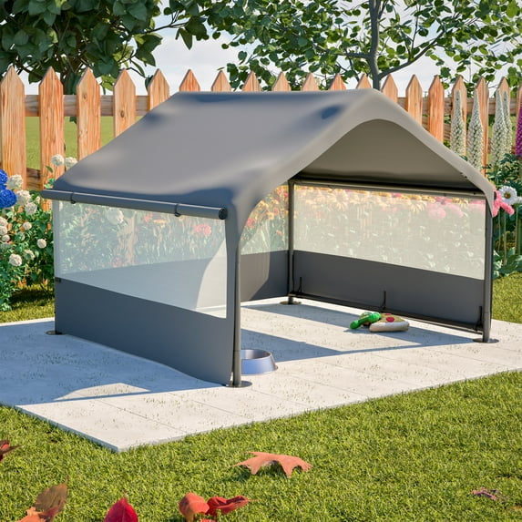 Extra Large Outdoor Dog House Tent, Dog Shade Shelter with 3-Sided Mesh Windows, Breathable Sun Rain Cover Pet Shelter with Canopy and Ground Stakes for Dogs, Cats, Gray