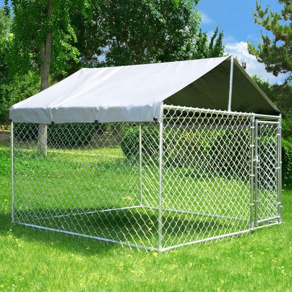 Extra Large Outdoor Dog Kennel, Anti-Rust Dog Kennel Outside with Roof, Galvanized Chain Link Dog Runs for Outside with Waterproof UV-Resistant Cover and Secure Lock