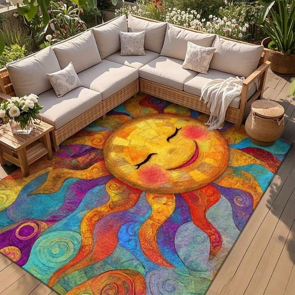 Extra Large Outdoor Mat - 16*24inch/40*60cm Multicolor Sun Design With Non-Slip Rubber Backing, Machine Washable Area Rug For Patio Living Room