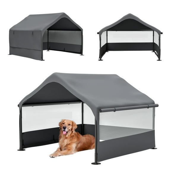 Extra Large Outdoor Pet Tent with 3-Sided Mesh Ventilation, Weatherproof Sun and Rain Shelter with Canopy and Ground Stakes for Dogs Cats and Livestock 4' x 4' x 3.3', Gray