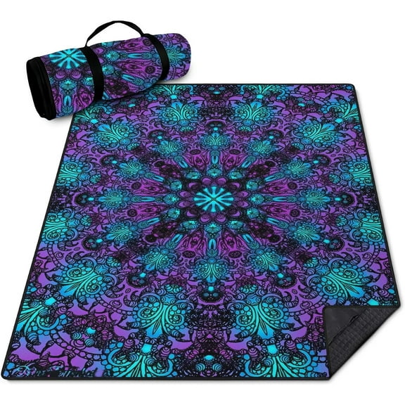 Extra Large Outdoor Picnic Blankets Waterproof Foldable 60" X 80", Mandala Boho Beach Mat Essentials Accessories，Portable Packable Thick Floral Rug for Travel Camping Hiking