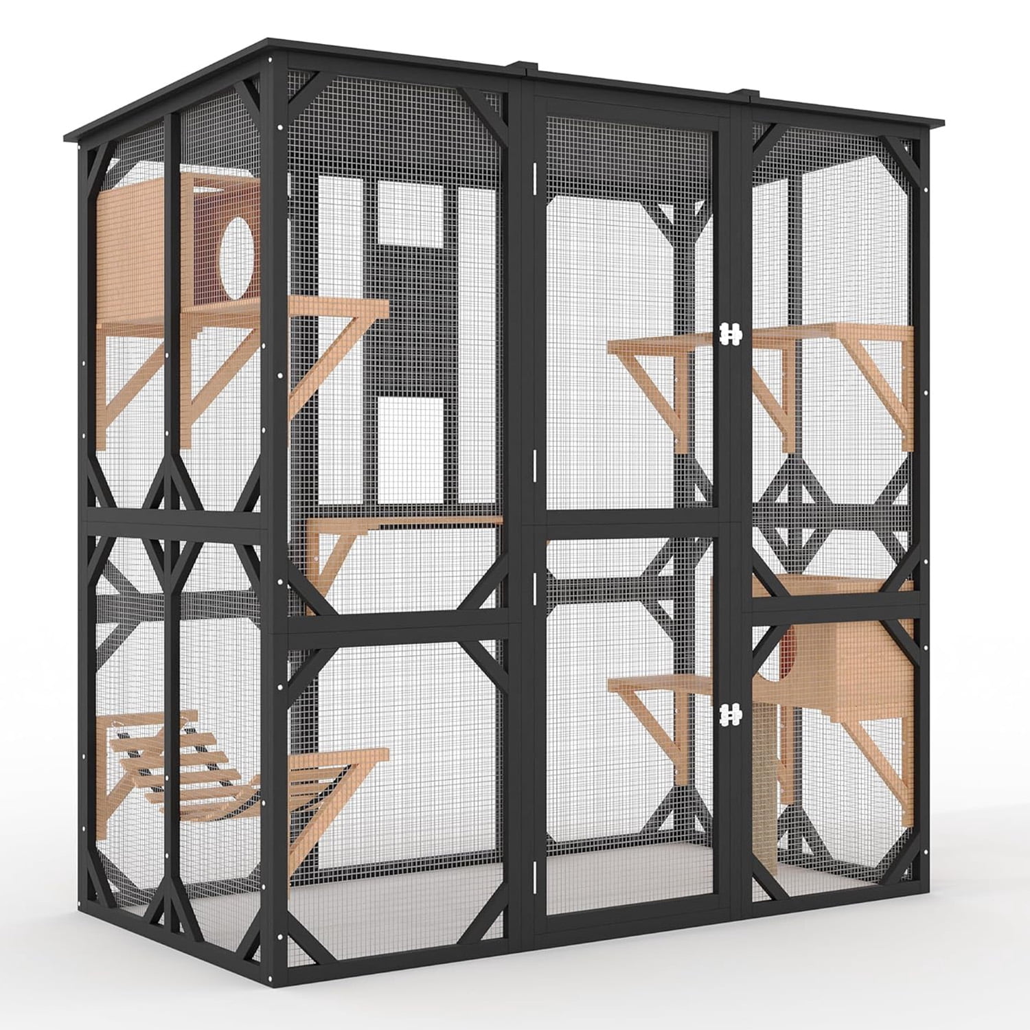 Extra Large Outdoor Wooden Catio, Walk-in Multi-Level Cat Enclosure with Waterproof Roof for Patio & Backyard