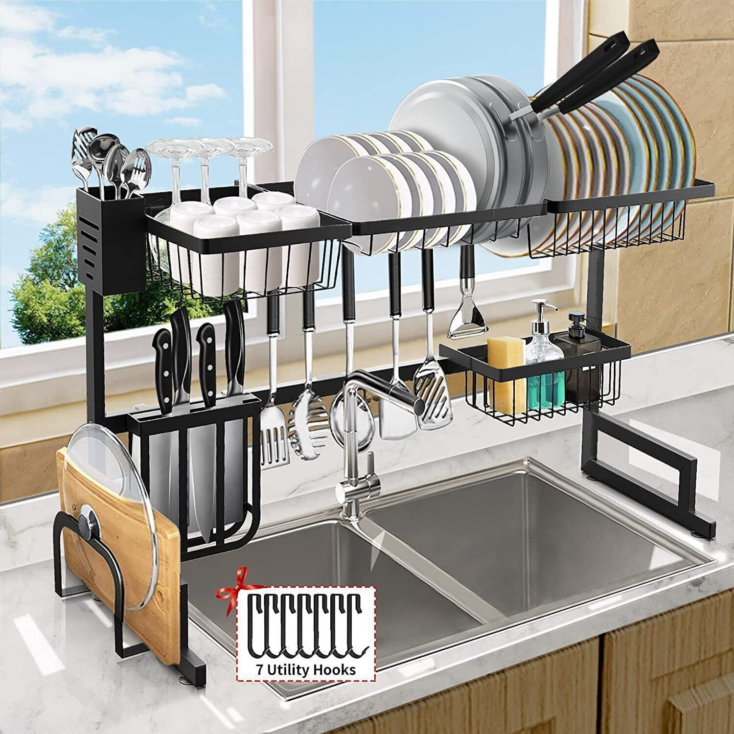 Extra Large Over Sink Dish Drying Rack Kitchen Supplies Storage Shelf w 7 Holder Walmart