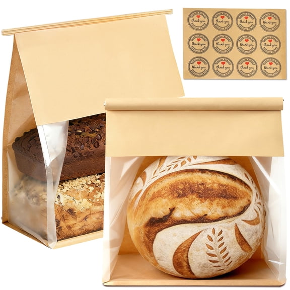 Extra Large Paper Bread Bags for Homemade Bread with Tin Tab Lock, Grease-Resistant, Clear Window & "Thank You" Stickers for Baked Goods Packaging A