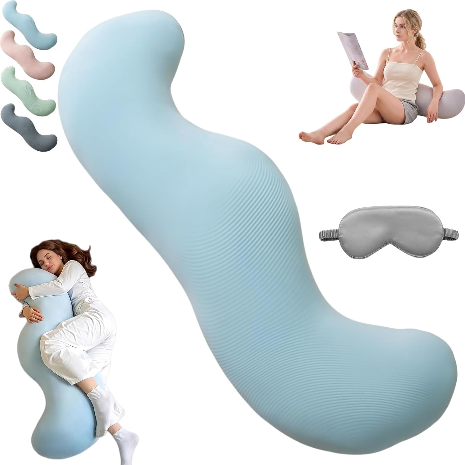 Extra Large Pea Pod Body Pillow for Side Sleeper,S Shaped Full Body Support Pillow for Adults, Long Bolster Hug Pillow with Cooling Fabric, Soft Ergonomic Pillow for Back (Blue-M-Thickened)