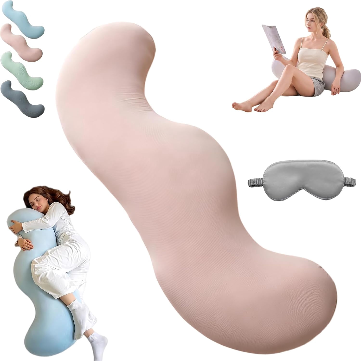 Extra Large Pea Pod Body Pillow for Side Sleeper,S Shaped Full Body Support Pillow for Adults, Long Bolster Hug Pillow with Cooling Fabric, Soft Ergonomic Pillow for Back (Pink-L)
