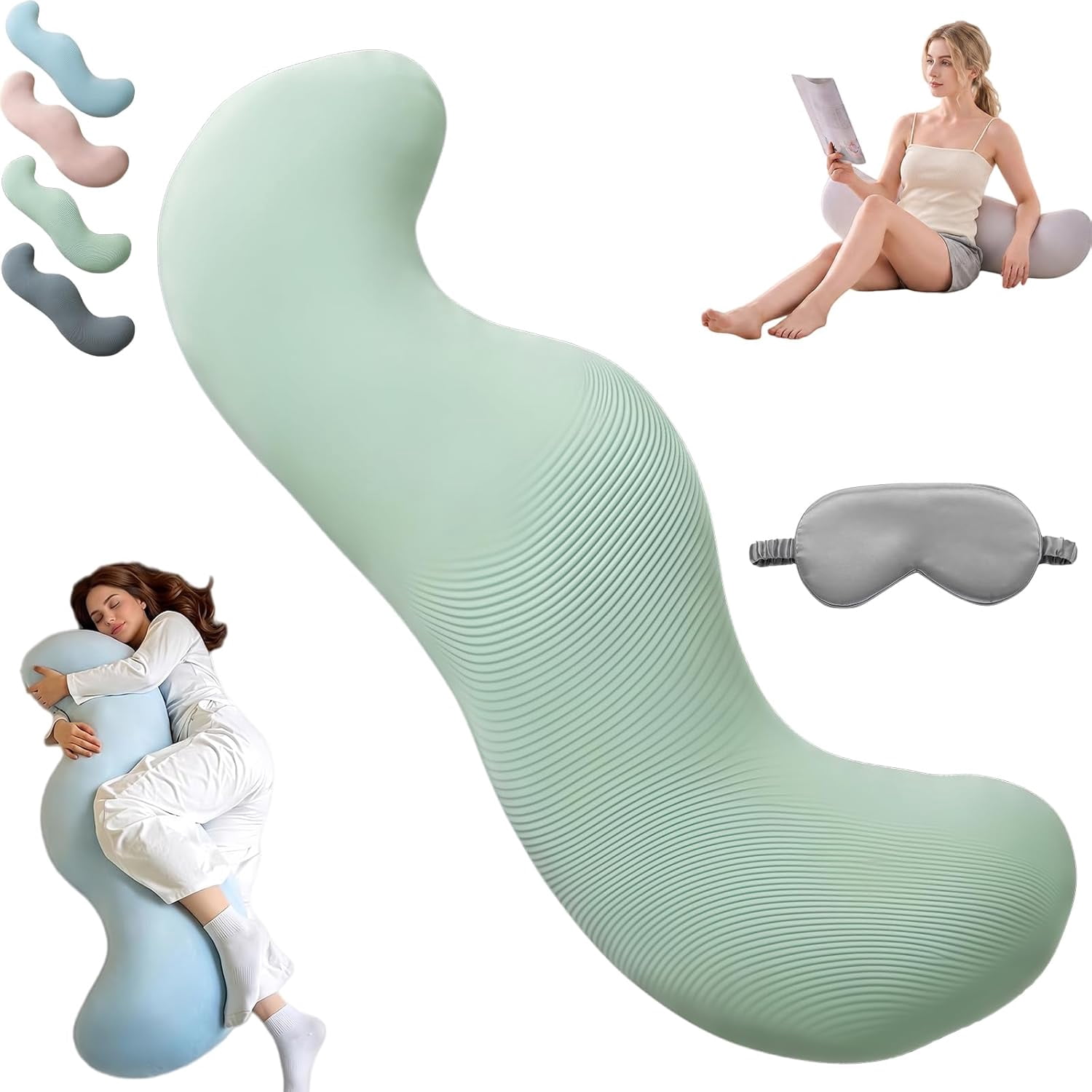 Extra Large Pea Pod Body Pillow for Side Sleeper,S Shaped Full Body Support Pillow for Adults, Long Bolster Hug Pillow with Cooling Fabric, Soft Ergonomic Pillow for Back (Green-S)