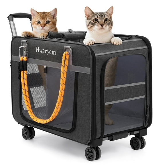 Extra Large Pet Cat Carrier with Wheels, Pet Carrier for 2 Cats or Medium Dog, 24" X 15" X 17" Portable Dog Cat Crate for Large Cat, Support up to 40 Lbs, Grey