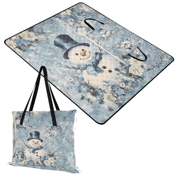 Extra Large Picnic Beach Blanket Waterproof Sand Proof Portable Outdoor Mat Blue Floral Snowman 60x80