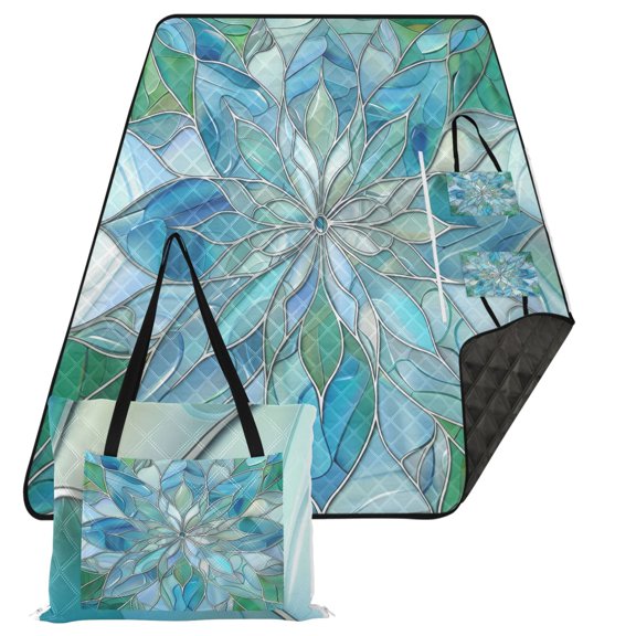 Extra Large Picnic Beach Blanket Waterproof Sand Proof Portable Outdoor Mat Blue Green Floral Stained Glass 80x118