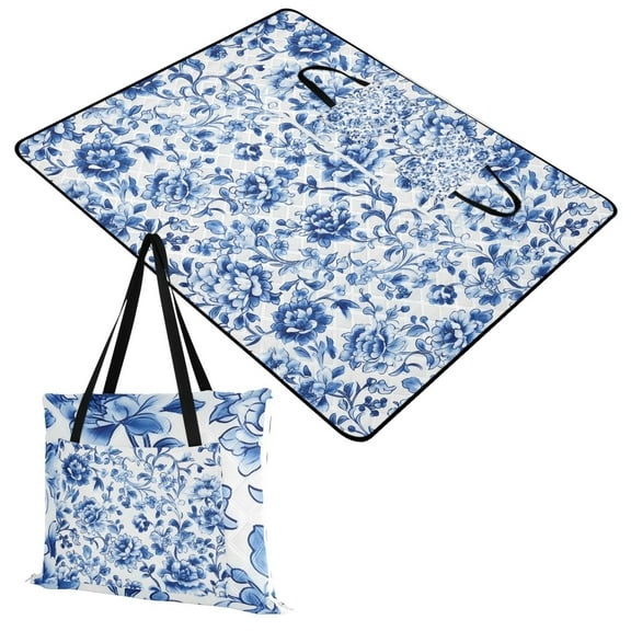 Extra Large Picnic Beach Blanket Waterproof Sand Proof Portable Outdoor Mat Blue and White Porcelain Floral 60x80