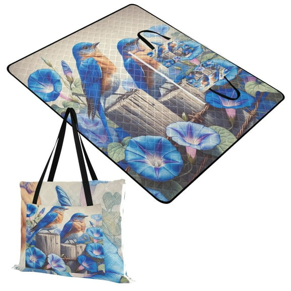 Extra Large Picnic Beach Blanket Waterproof Sand Proof Portable Outdoor Mat Bluebirds on Wooden Fence and Flower 60x80