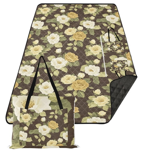 Extra Large Picnic Beach Blanket Waterproof Sand Proof Portable Outdoor Mat Brown Cream Roses 80x118