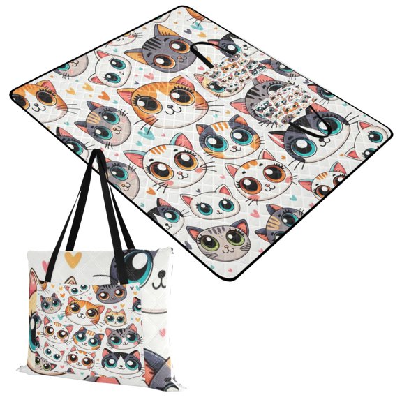 Extra Large Picnic Beach Blanket Waterproof Sand Proof Portable Outdoor Mat Cartoon Cat Face with Big Eye 60x80