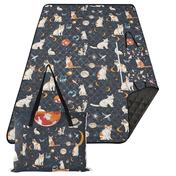 Extra Large Picnic Beach Blanket Waterproof Sand Proof Portable Outdoor Mat Cat Butterfly in Space 80x118