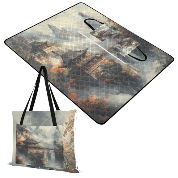 Extra Large Picnic Beach Blanket Waterproof Sand Proof Portable Outdoor Mat Chinese Temples on Mountain 60x80