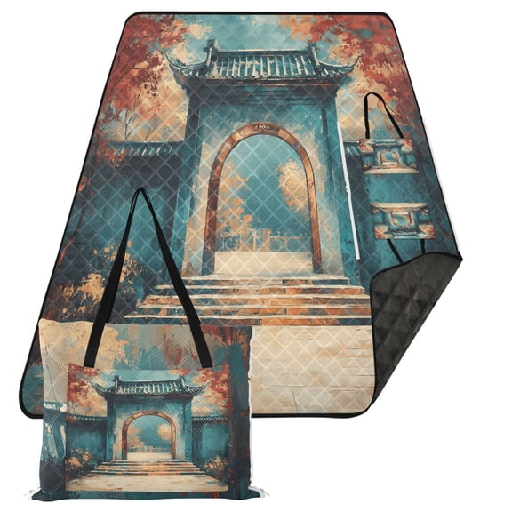 Extra Large Picnic Beach Blanket Waterproof Sand Proof Portable Outdoor Mat Chinese Traditional Yard Door 80x118