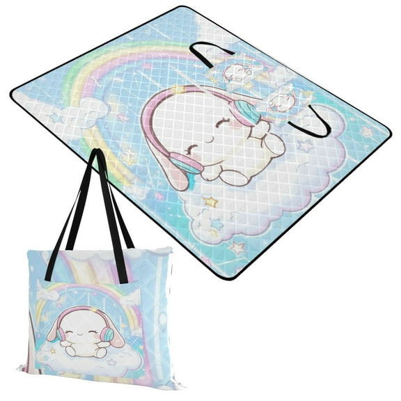 Extra Large Picnic Beach Blanket Waterproof Sand Proof Portable Outdoor Mat Cinnamoroll Sit on Cloud Wear Headphone 60x80