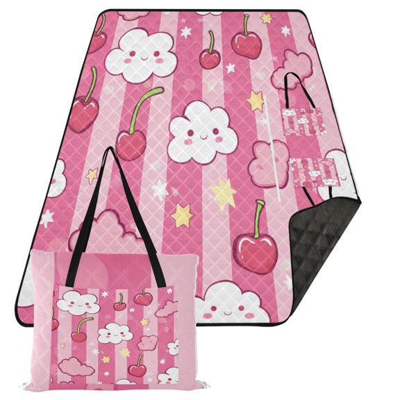 Extra Large Picnic Beach Blanket Waterproof Sand Proof Portable Outdoor Mat Clouds Cherries Star 80x118