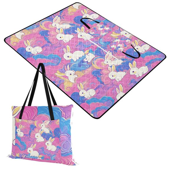 Extra Large Picnic Beach Blanket Waterproof Sand Proof Portable Outdoor Mat Colorful Cloud with Cute Bunnies 60x80