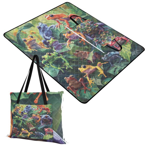 Extra Large Picnic Beach Blanket Waterproof Sand Proof Portable Outdoor Mat Colorful Frogs on Leaves 60x80