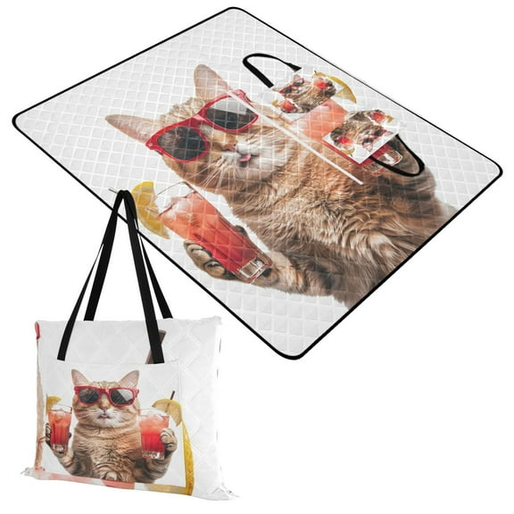 Extra Large Picnic Beach Blanket Waterproof Sand Proof Portable Outdoor Mat Cool Cat with Drinks 60x80