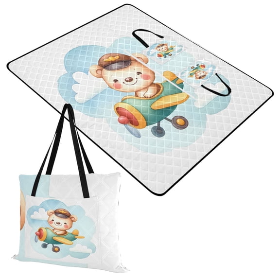Extra Large Picnic Beach Blanket Waterproof Sand Proof Portable Outdoor Mat Cute Bear in Airplane 60x80