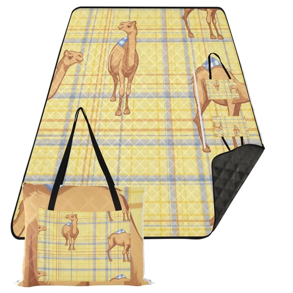 Extra Large Picnic Beach Blanket Waterproof Sand Proof Portable Outdoor Mat Cute Camel on Plaid 80x118