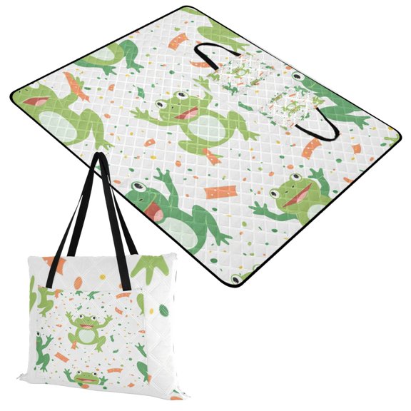 Extra Large Picnic Beach Blanket Waterproof Sand Proof Portable Outdoor Mat Cute Cartoon Frogs with Confetti 60x80
