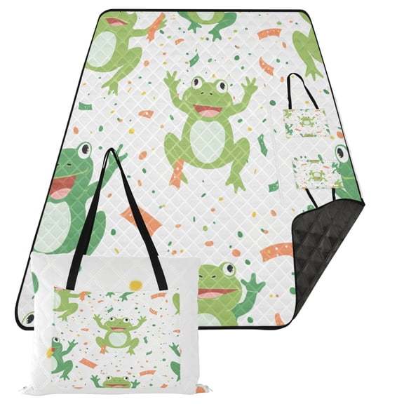 Extra Large Picnic Beach Blanket Waterproof Sand Proof Portable Outdoor Mat Cute Cartoon Frogs with Confetti 80x118