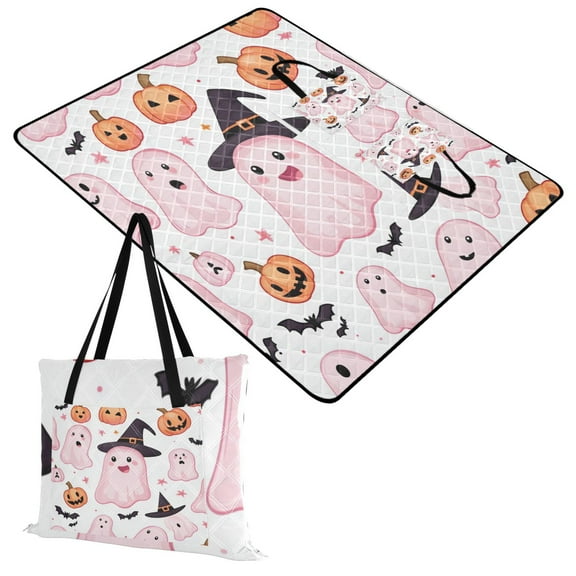 Extra Large Picnic Beach Blanket Waterproof Sand Proof Portable Outdoor Mat Cute Pink Ghost Pumpkin Bats 60x80