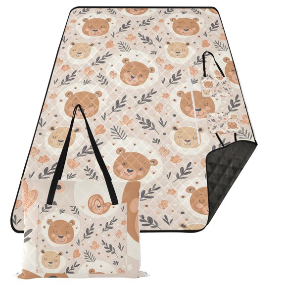 Extra Large Picnic Beach Blanket Waterproof Sand Proof Portable Outdoor Mat Cute Sleep Bear and Leaf 80x118