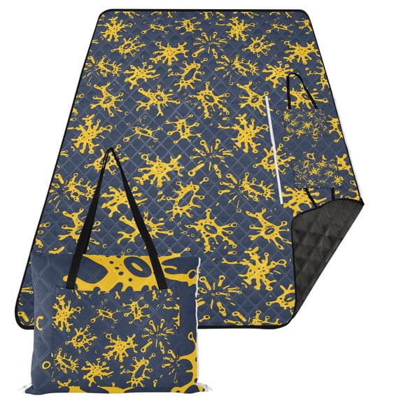 Extra Large Picnic Beach Blanket Waterproof Sand Proof Portable Outdoor Mat Dark Blue Yellow Splashes 80x118