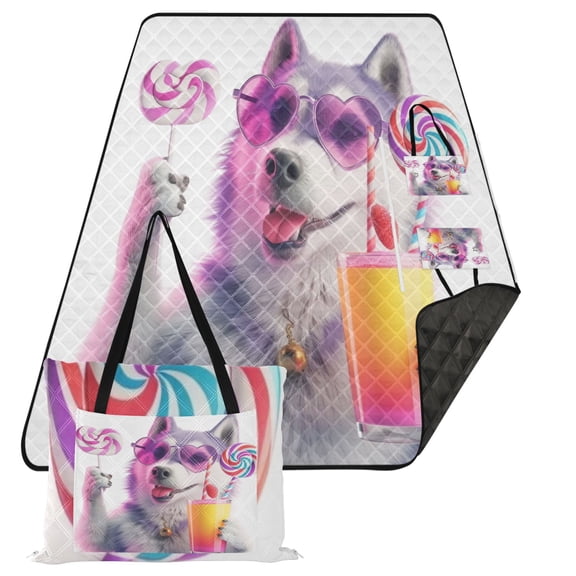 Extra Large Picnic Beach Blanket Waterproof Sand Proof Portable Outdoor Mat Dog with Glasses Drink 80x118